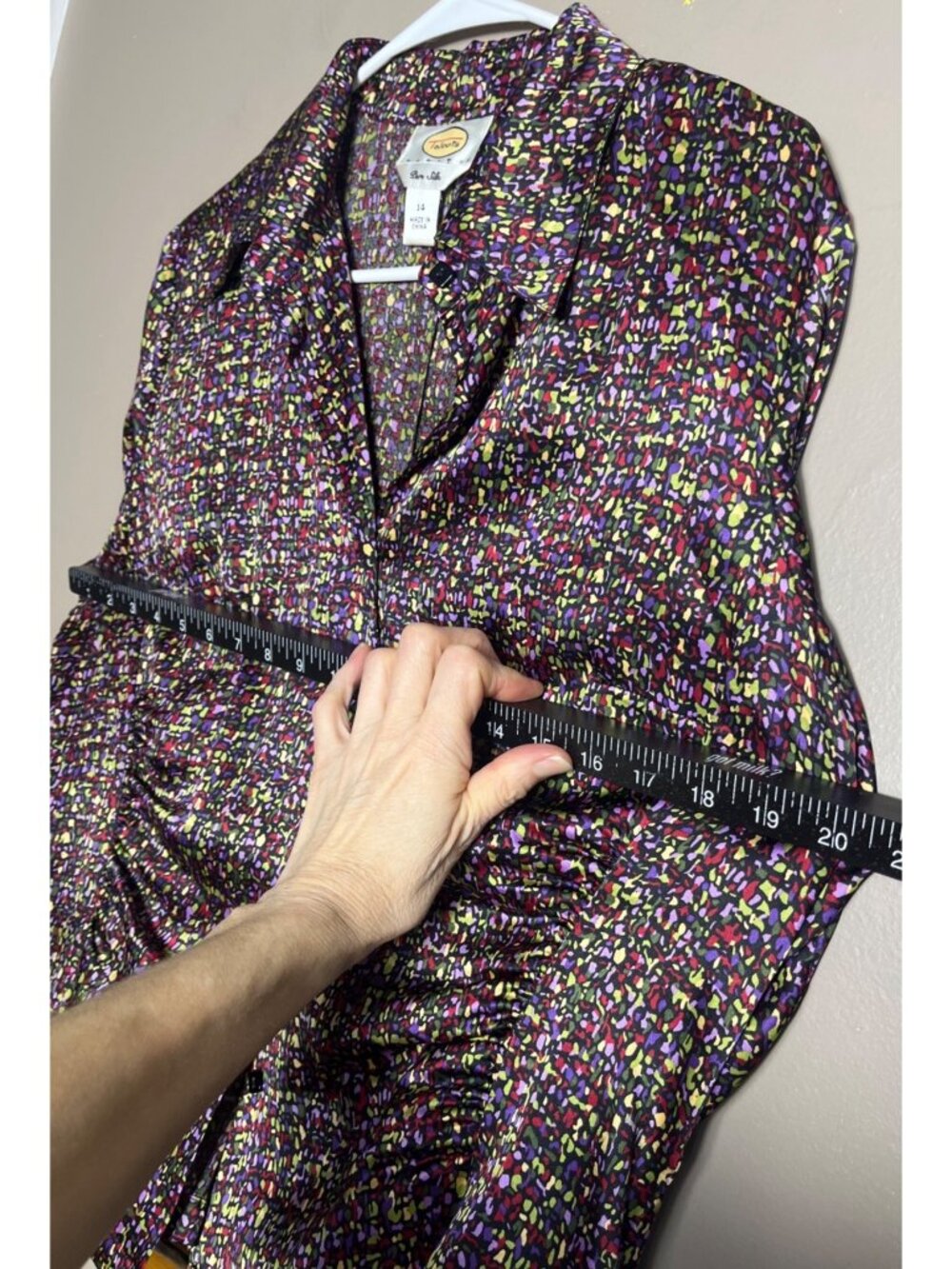 Talbots Silk Abstract Mosaic Blouse Button Colorful Ruched Glam Night Out Wm 14P - Picture 6 of 9